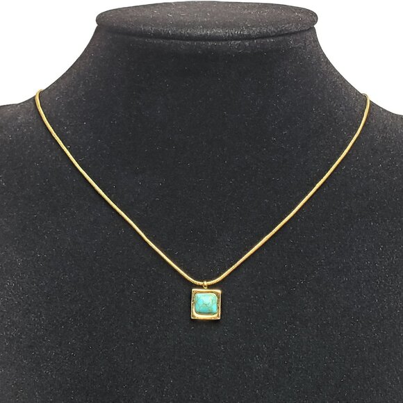 14K Gold Womens Small Square Turquoise Pendant Necklace New 14 K Silver Jewelry - Picture 6 of 7